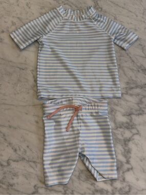 H&M Light Blue & White Striped Kids Rashguard Set with Pink Tie